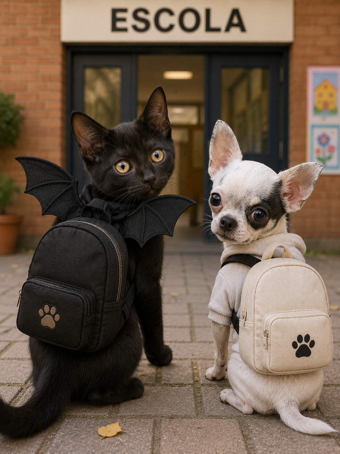 Gato e cachorro com mochilas na escola