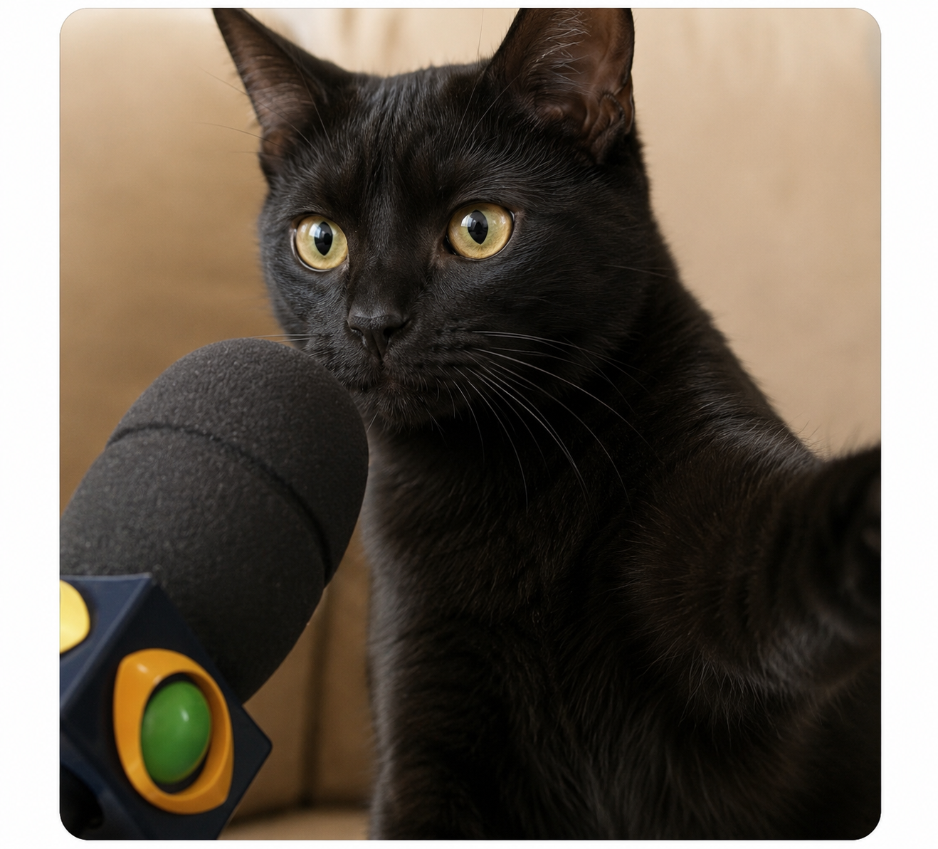Gato preto ao microfone